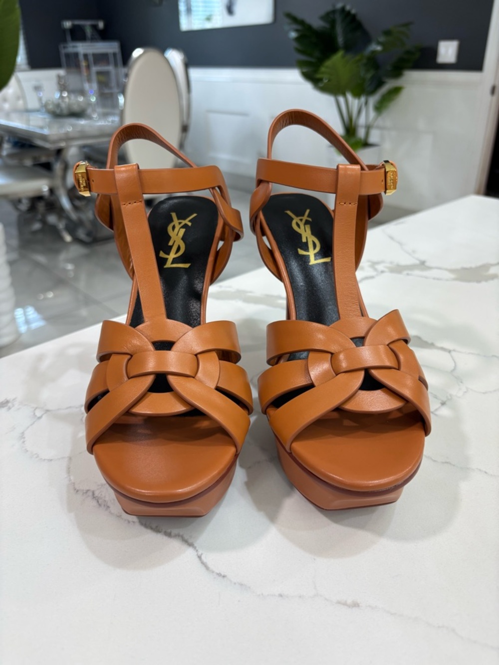 YSL Yves Saint Laurent Brown Leather Tribute Platform Sandals Stiletto Heel - Picture 3 of 10